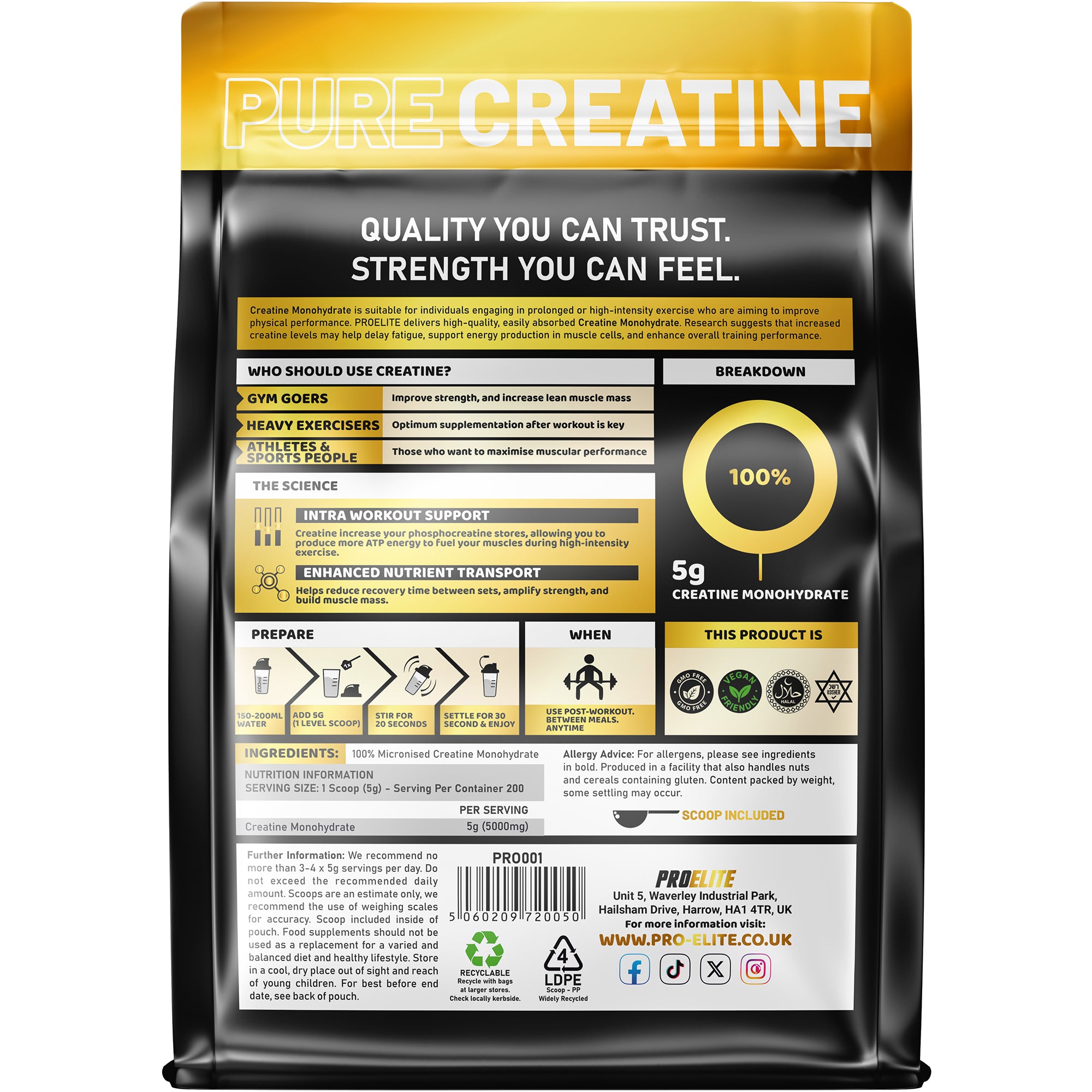 Pure Creatine Monohydrate Powder 500g (Pouch) | Pro-Elite
