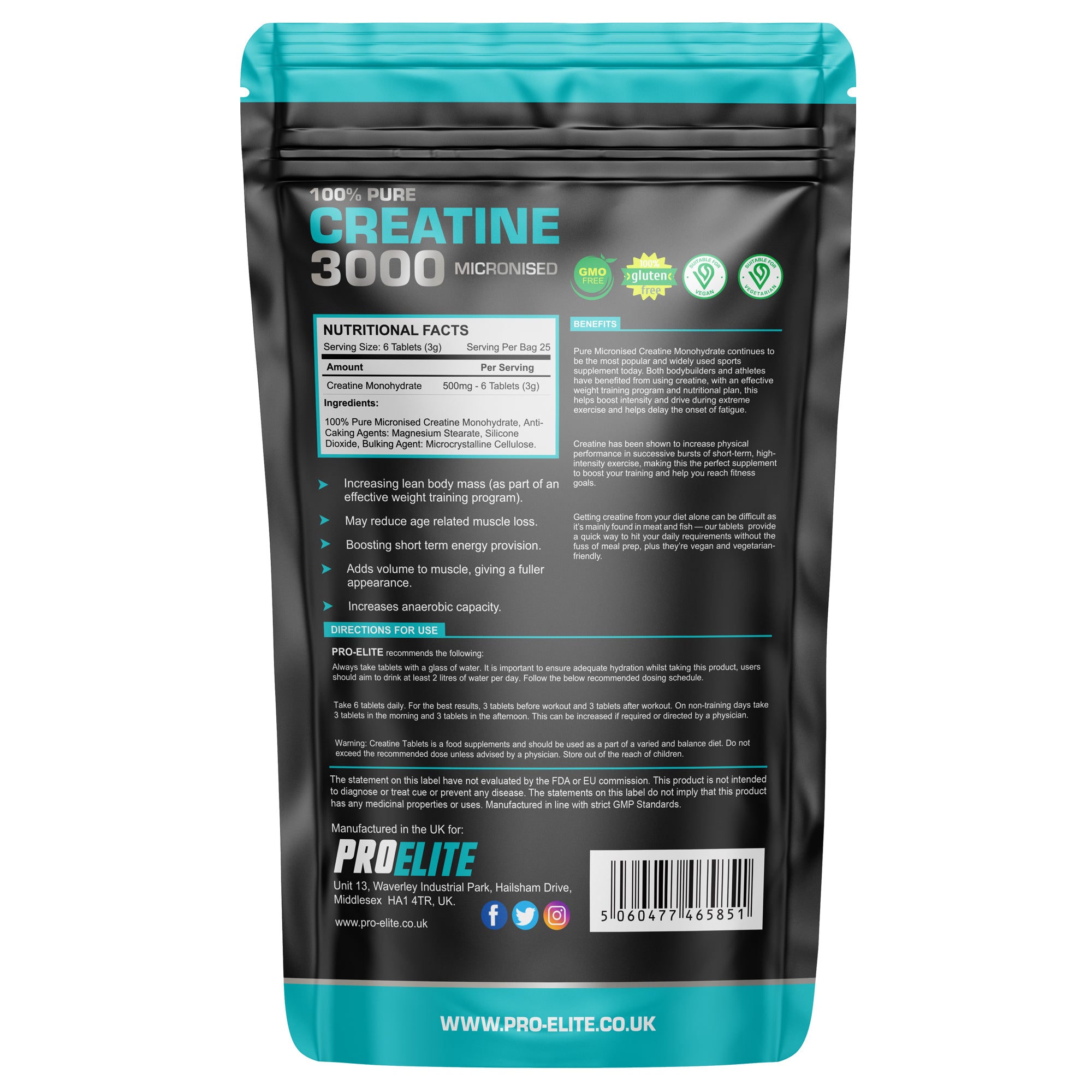 Creatine Monohydrate 500mg Vegan Tablets | Pro-Elite