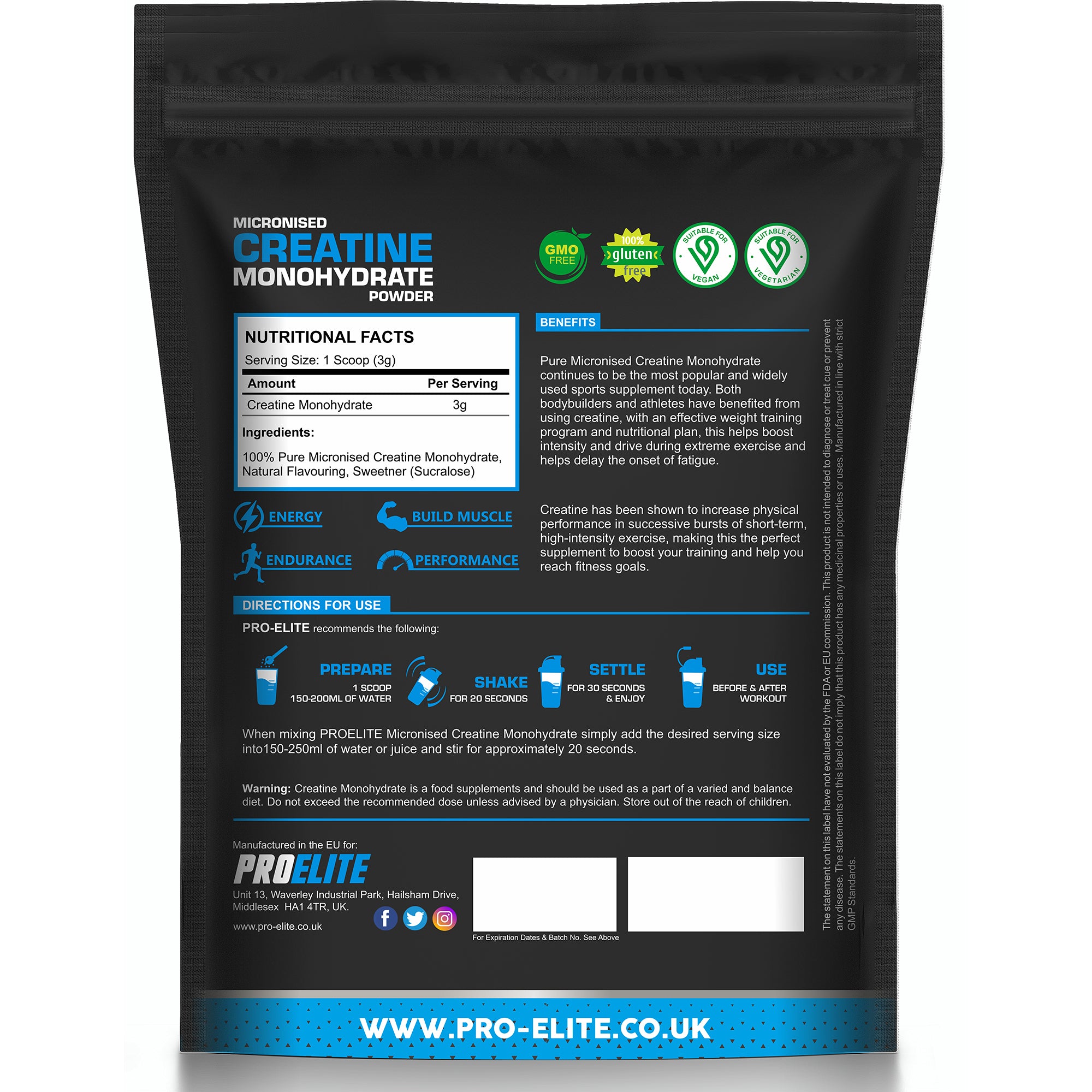 Pure Creatine Monohydrate Powder 500g (Pouch) | Pro-Elite