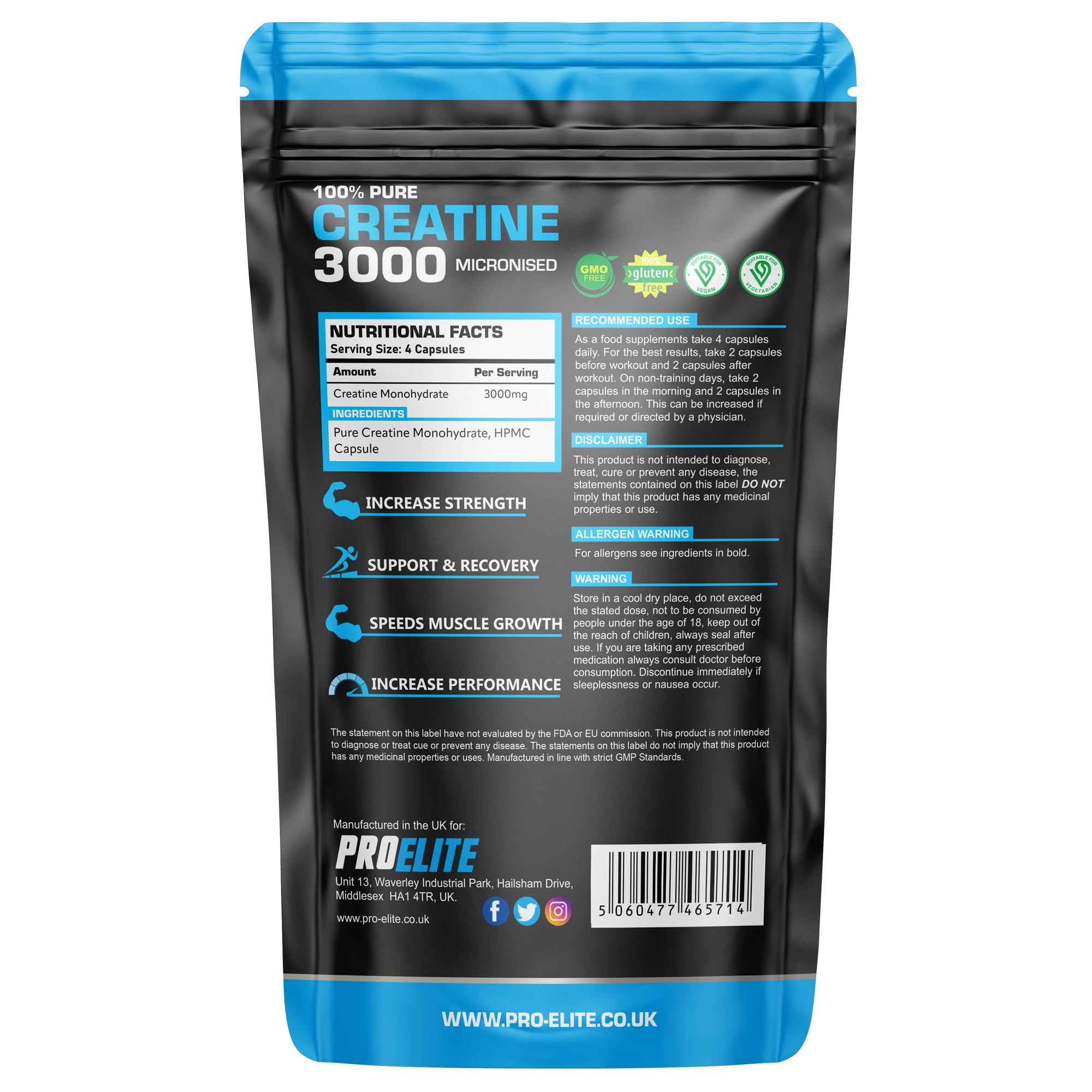Creatine Monohydrate 750mg Vegan Capsules | Pro-Elite
