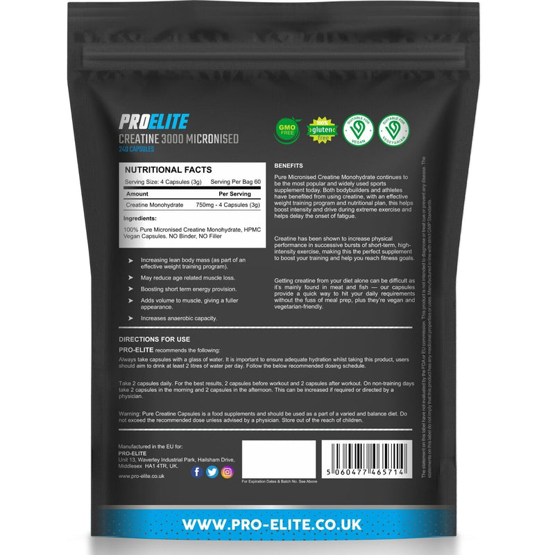 Pro-Elite Creatine Monohydrate 750mg Vegan Capsules