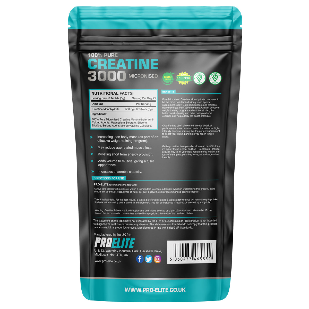 Creatine Monohydrate 500mg Vegan Tablets | Pro-Elite