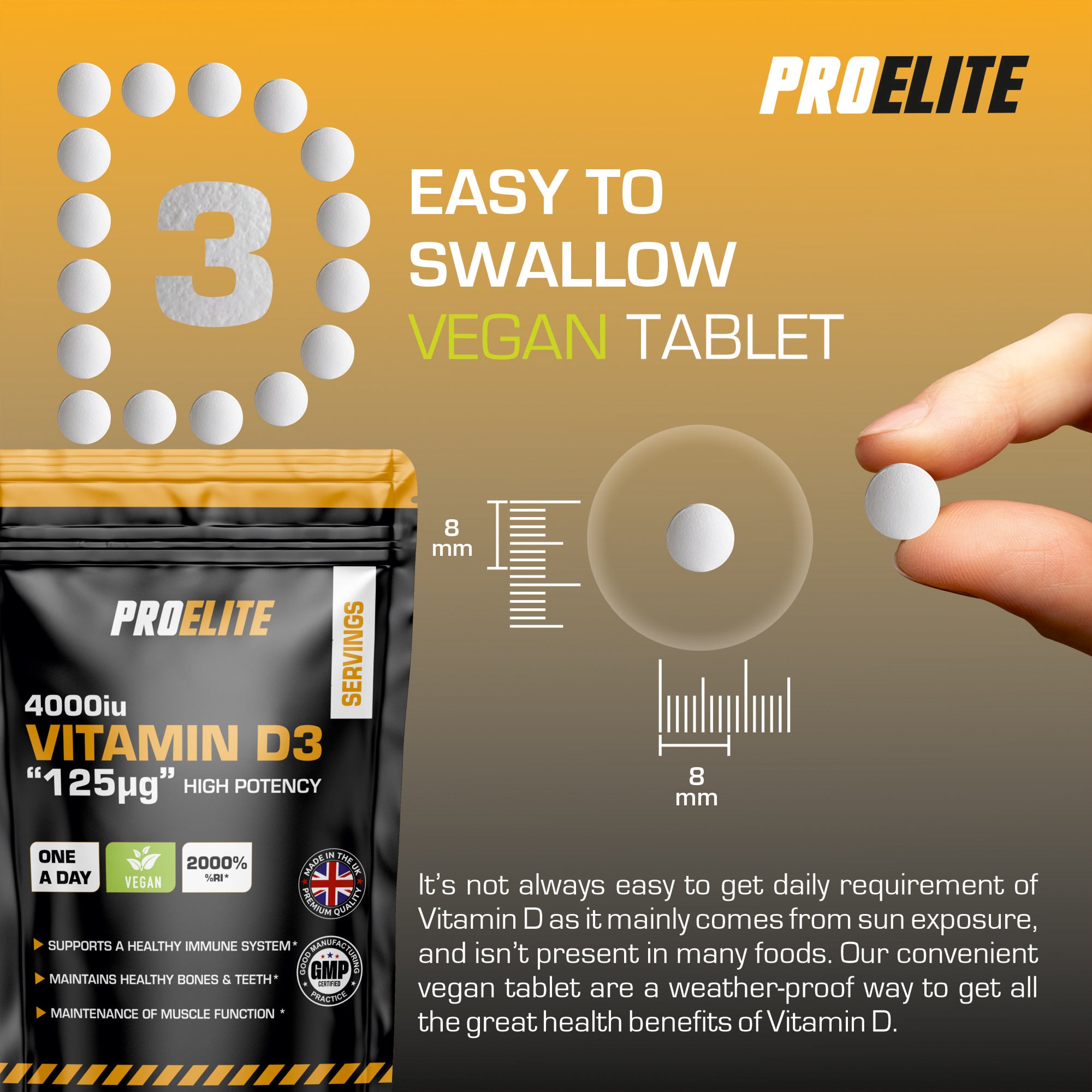 PROELITE Vitamin D3 4000iu Vegan Tablets