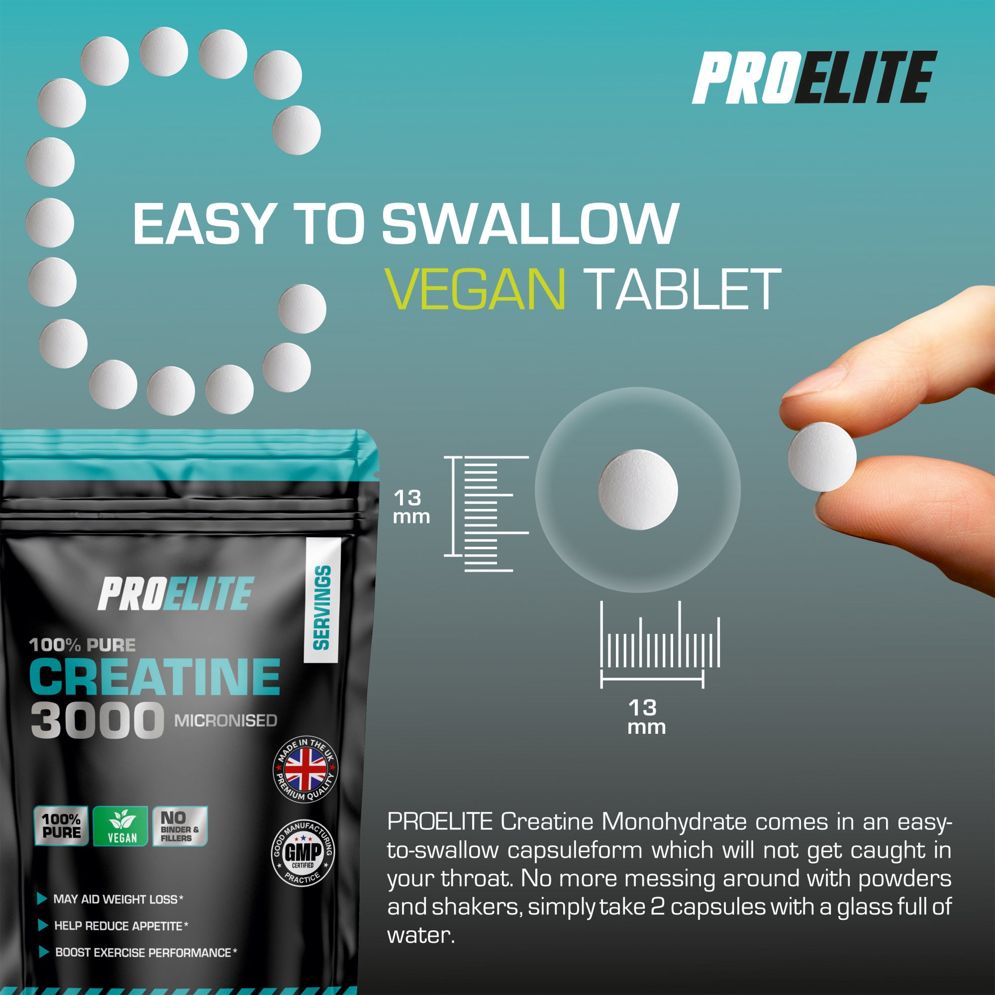 Creatine Monohydrate 500mg Vegan Tablets | Pro-Elite