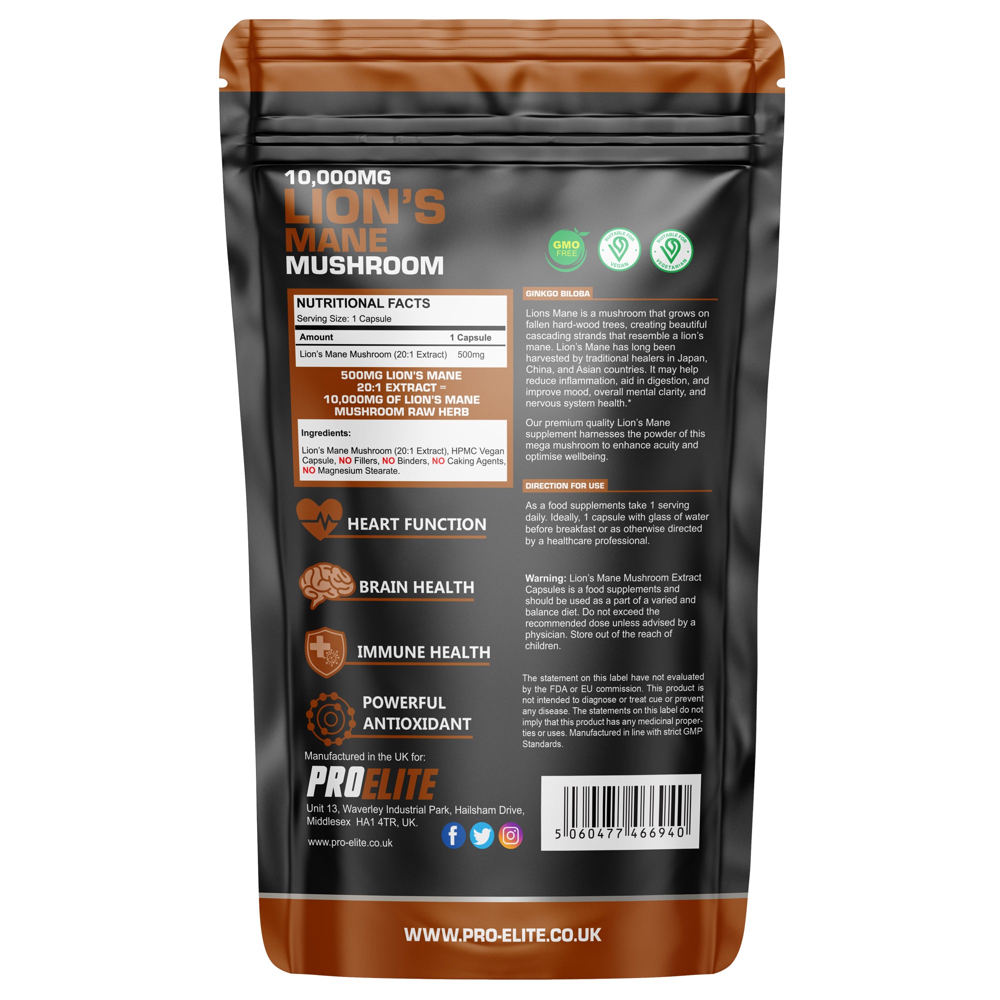 Lions Mane Mushroom Vegan Capsules | Pro-Elite