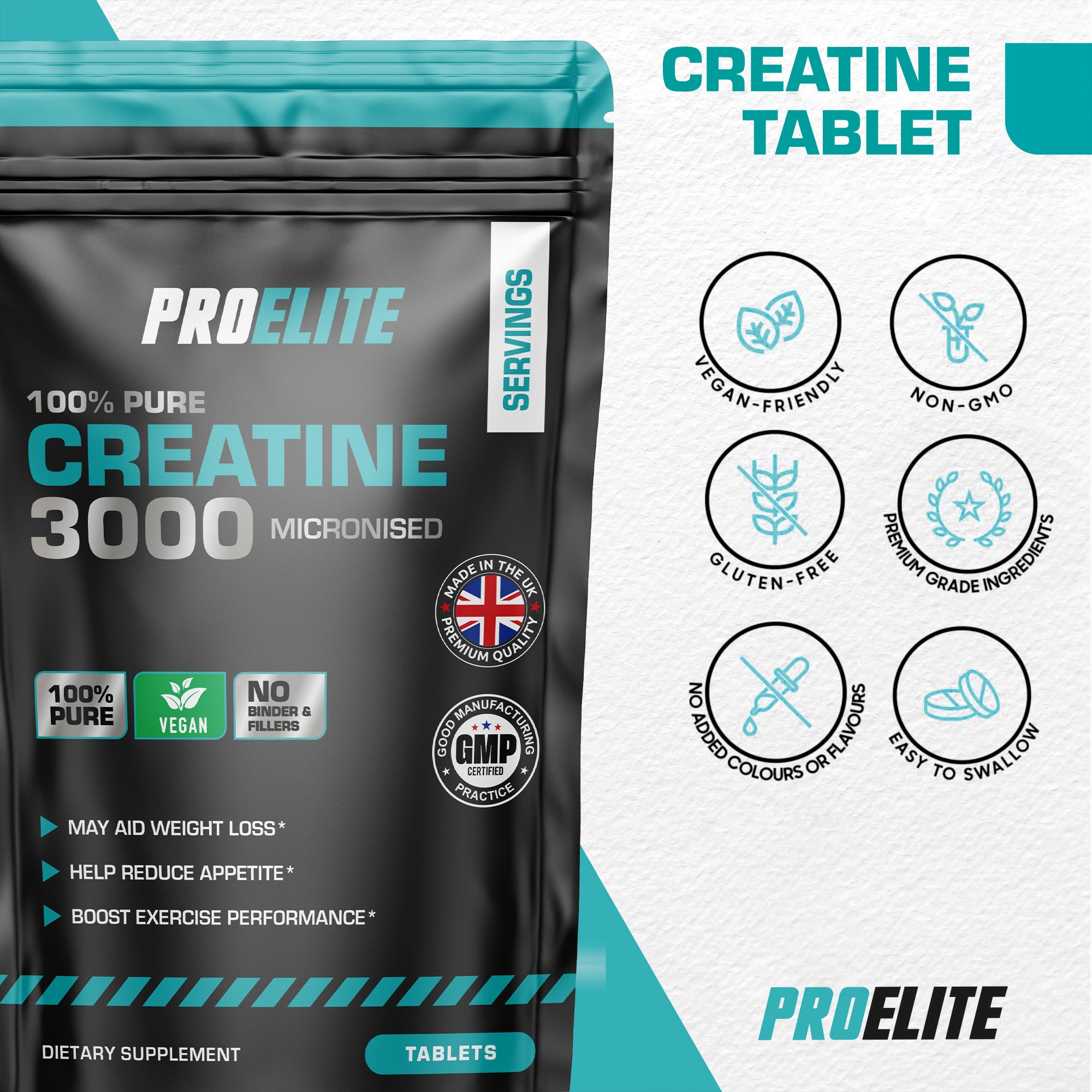 Creatine Monohydrate 500mg Vegan Tablets | Pro-Elite