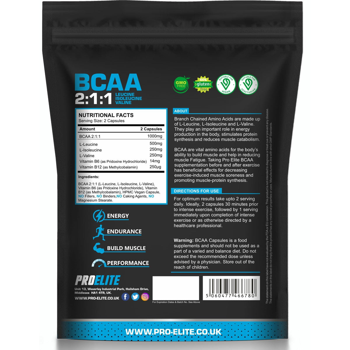 BCAA 2:1:1 Vegan Capsules | Pro-Elite