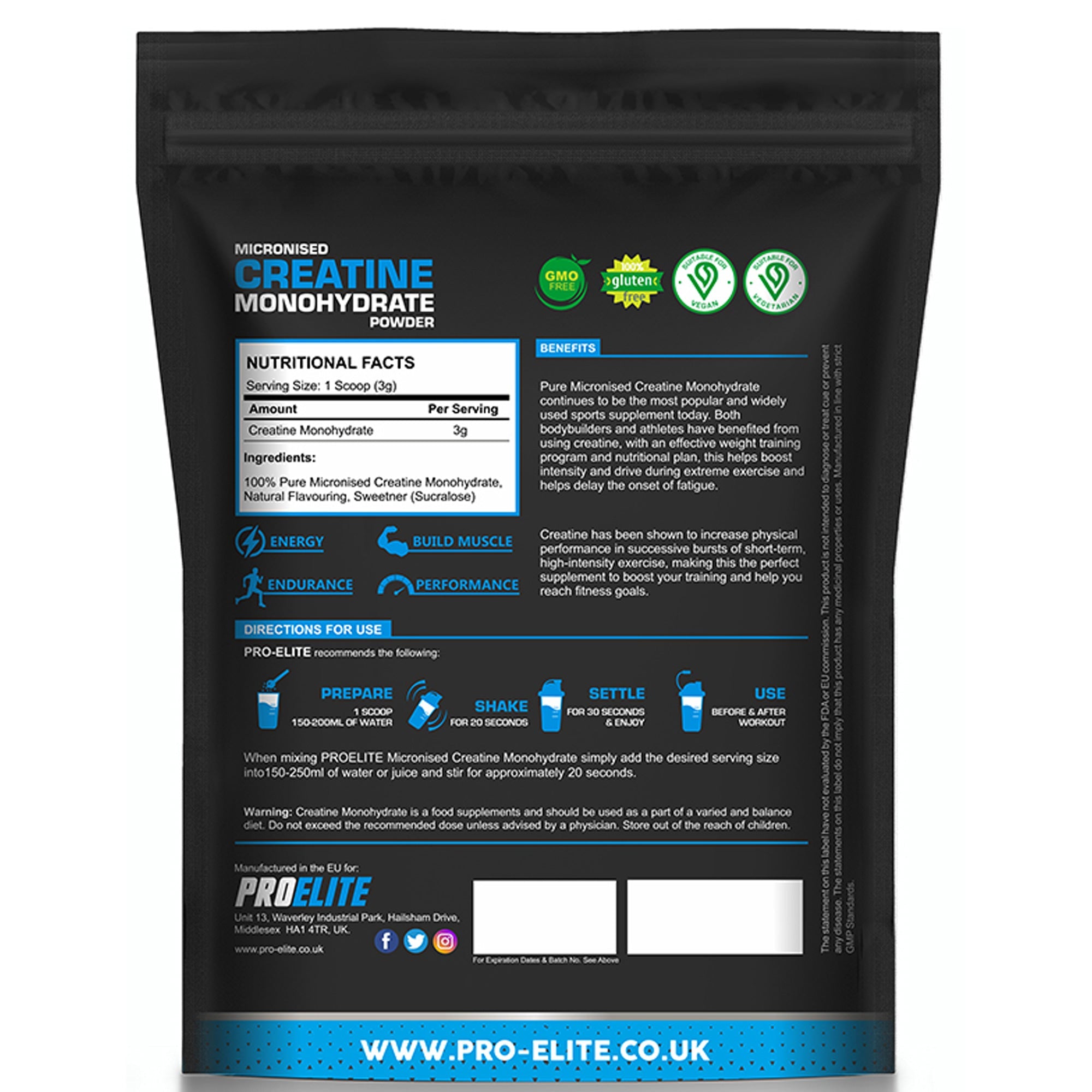 Pure Creatine Monohydrate Powder 500g (Pouch) | Pro-Elite