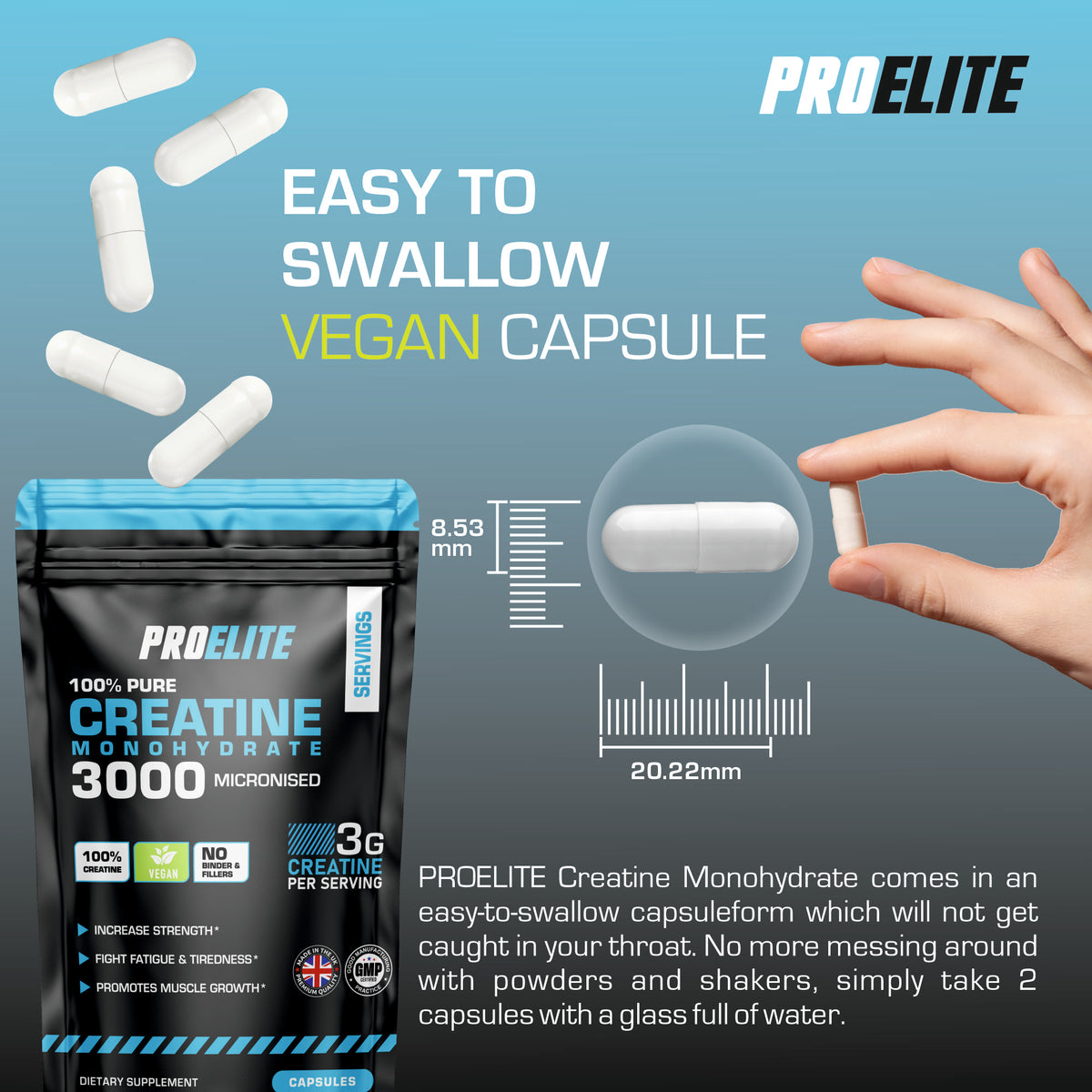 Creatine Monohydrate 750mg Vegan Capsules | Pro-Elite