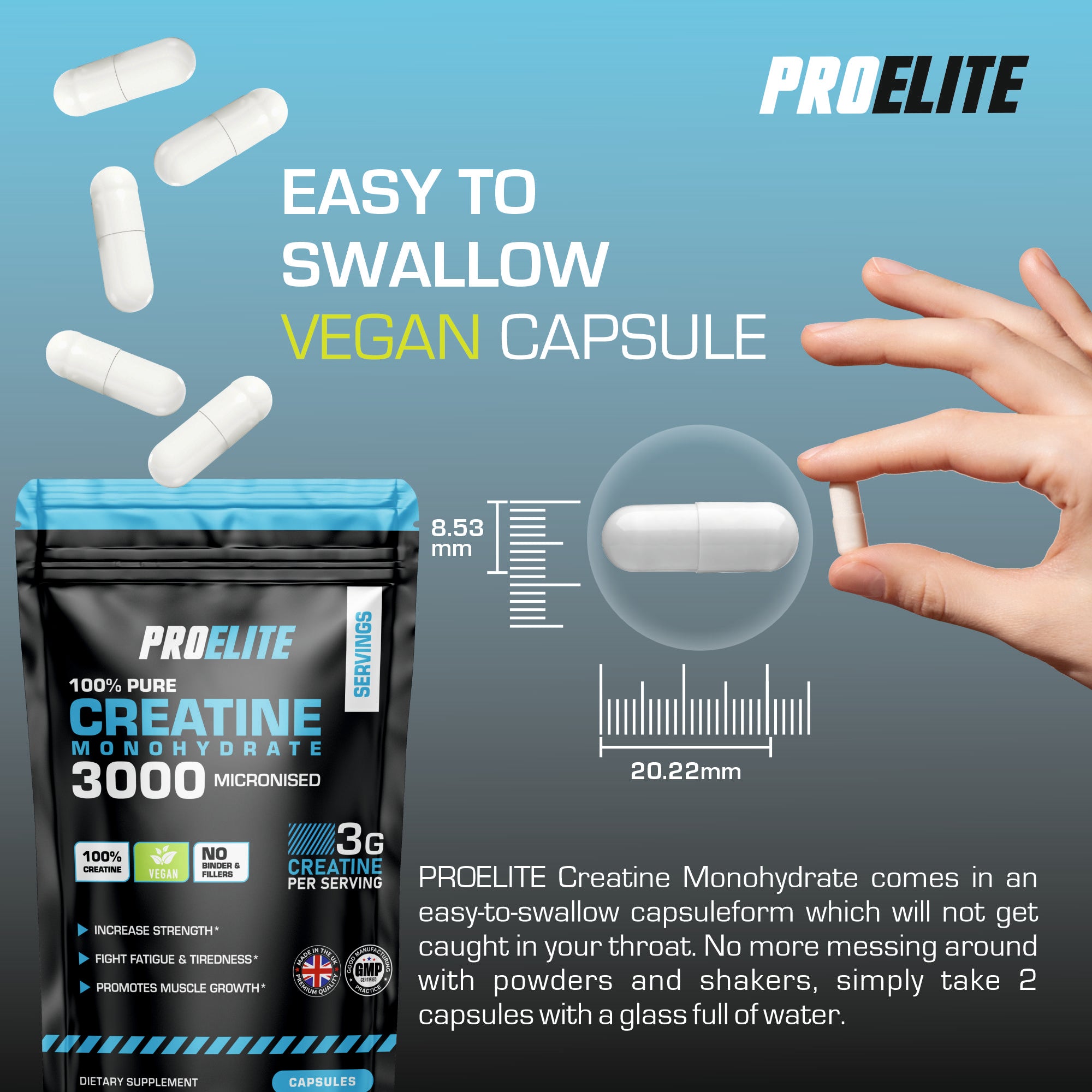 Creatine Monohydrate 750mg Vegan Capsules | Pro-Elite